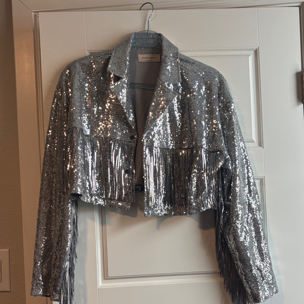 Glamorous Silver Sequin Fringe Blazer